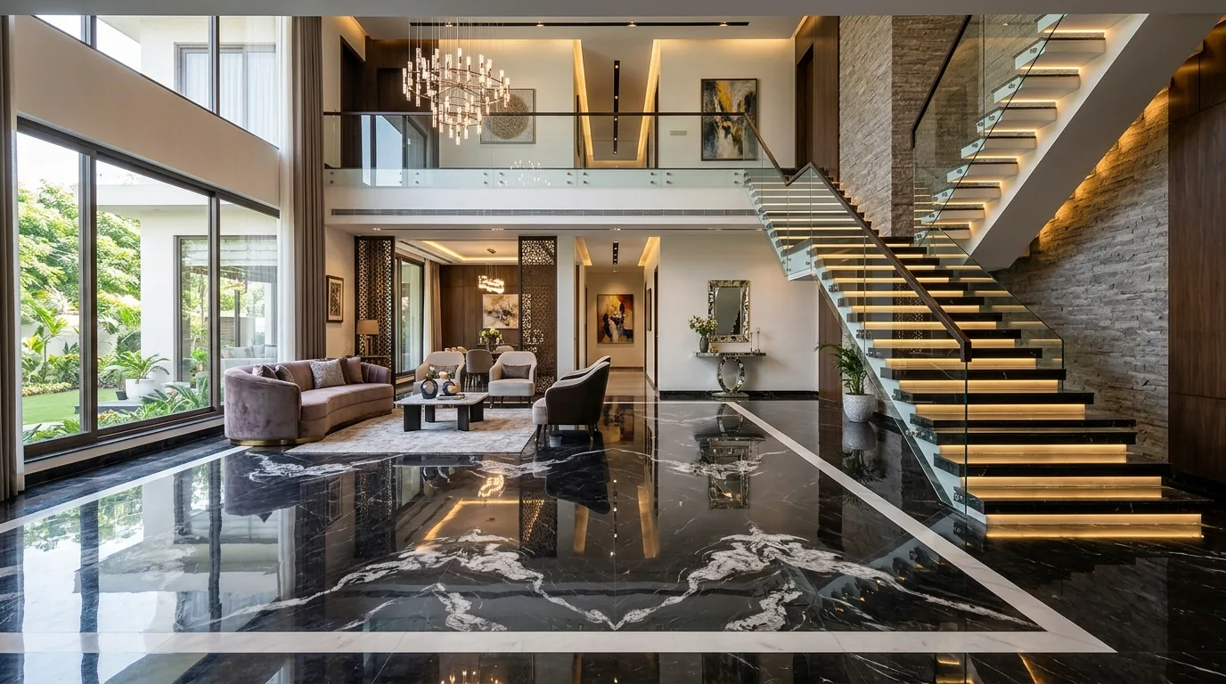 Badal marble installed as living room flooring with border patti in Pakistani home