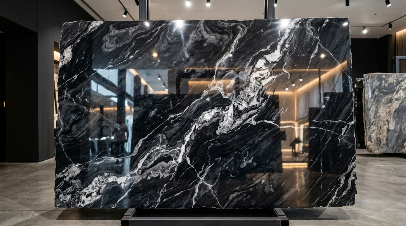 Close-up of Badal marble texture showing crystalline cloud pattern detail