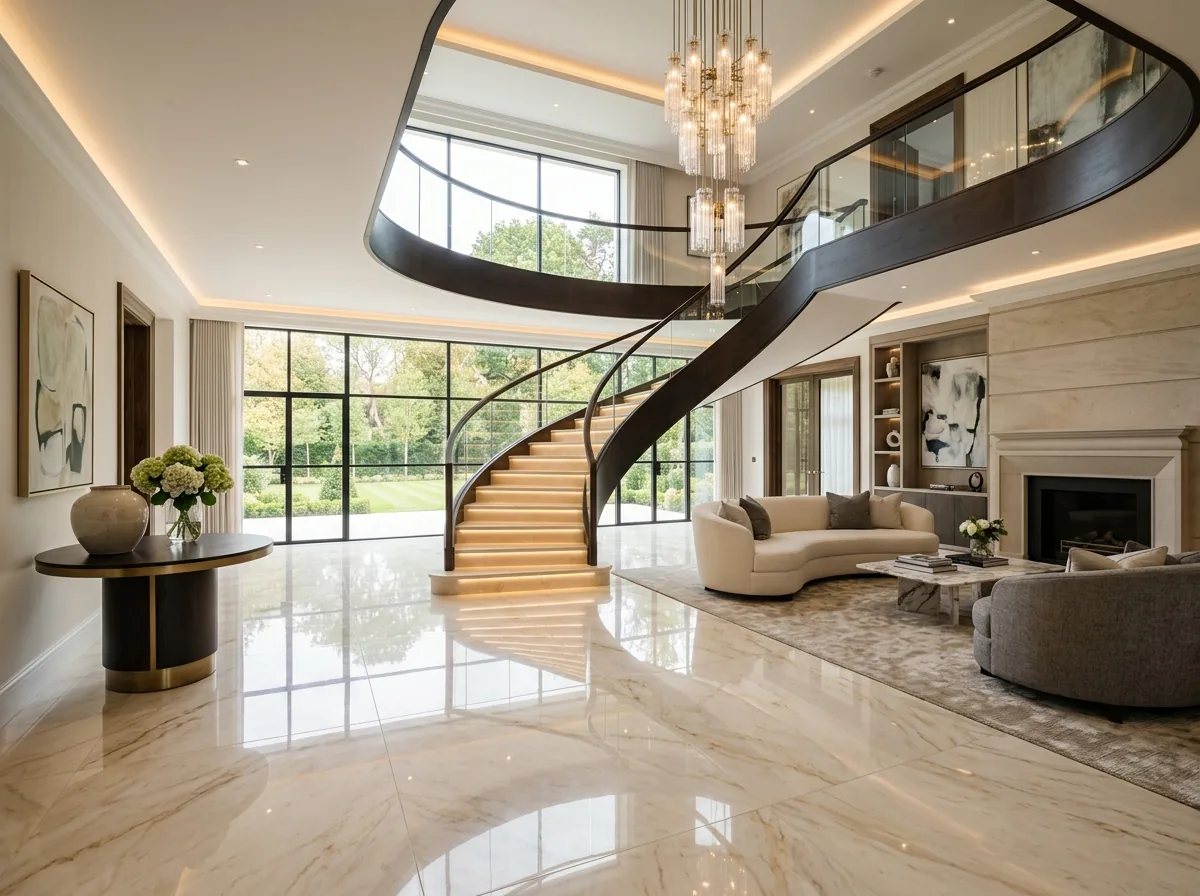 Botticino marble installed as villa living room flooring in Pakistan