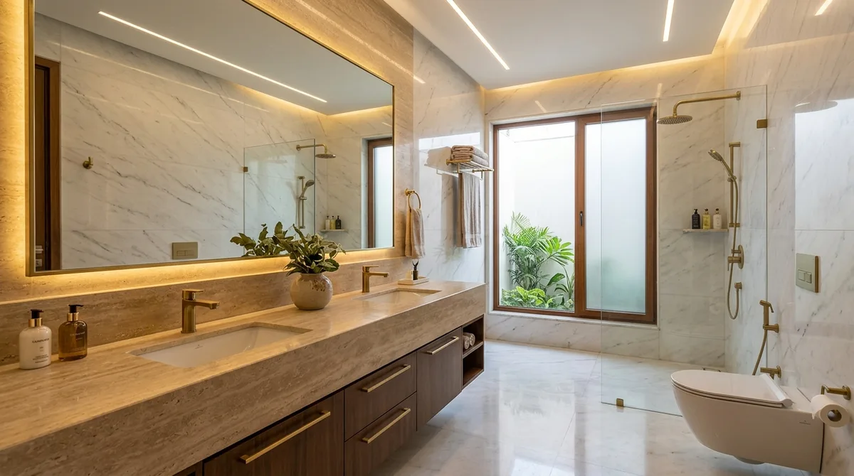 Luxury Pakistani Marble Bathroom Vanity Top with Undermount Basin and Warm Backlighting