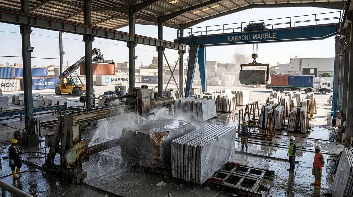 Tavera Marble factory stockyard with travertine slabs in Karachi