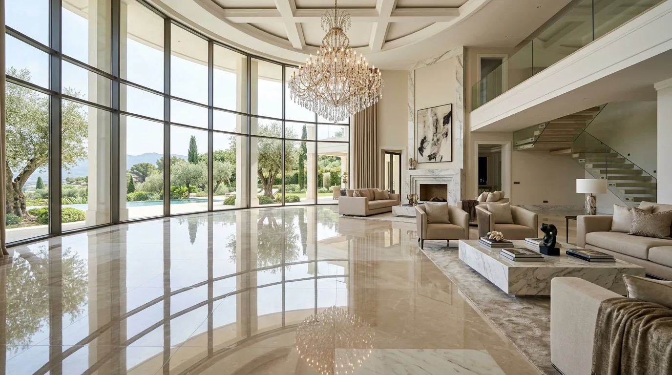 Luxury Villa Interior Featuring Mirror-Gloss Diamond Polished and Crystallized Natural Marble Floor
