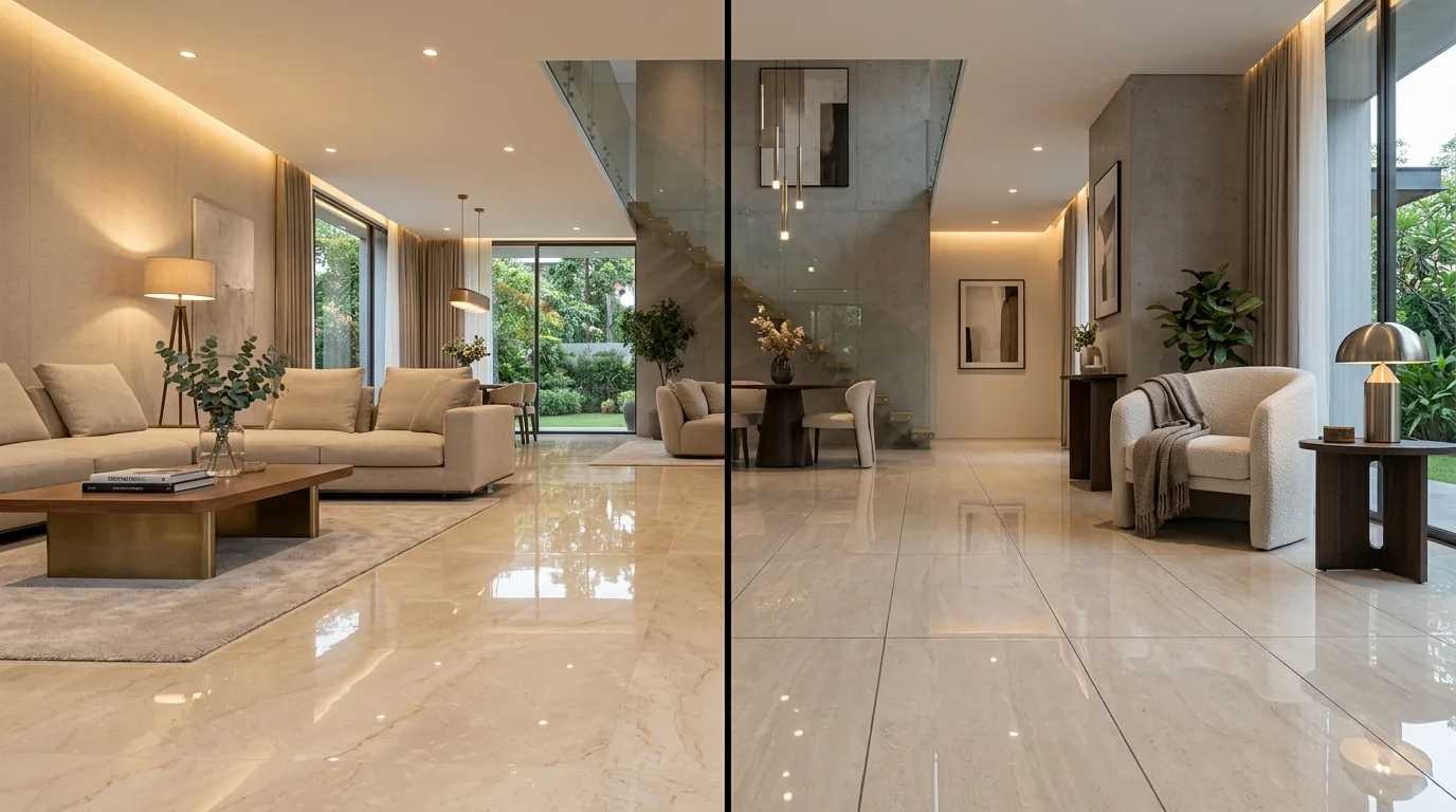 Split Architectural Interior Comparison of Natural Polished Marble Flooring vs Jointed Porcelain Tiles in Luxury Living Room