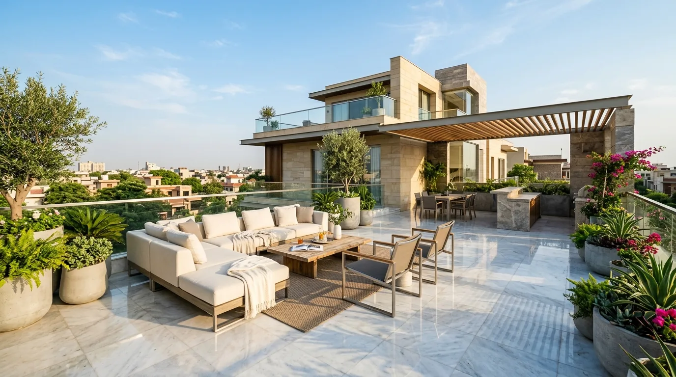 Luxury Villa Rooftop Terrace in Pakistan Paved with Heat-Reflective Natural Marble Floor Under Direct Sunlight