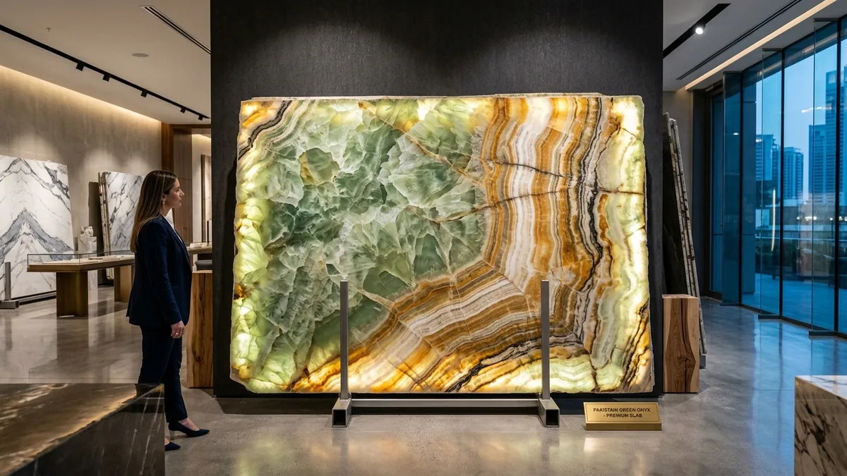 Polished Pakistani onyx marble slab showing translucent veining
