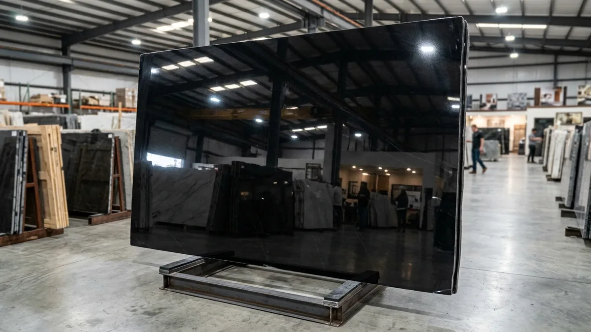 Silky Black marble polished slab showing deep black base with silky finish
