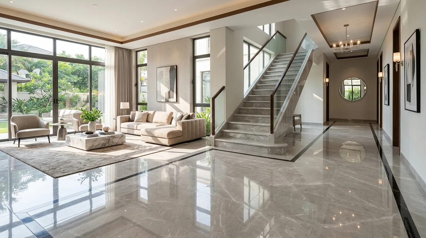 Sunny Grey marble floor design with black border patti