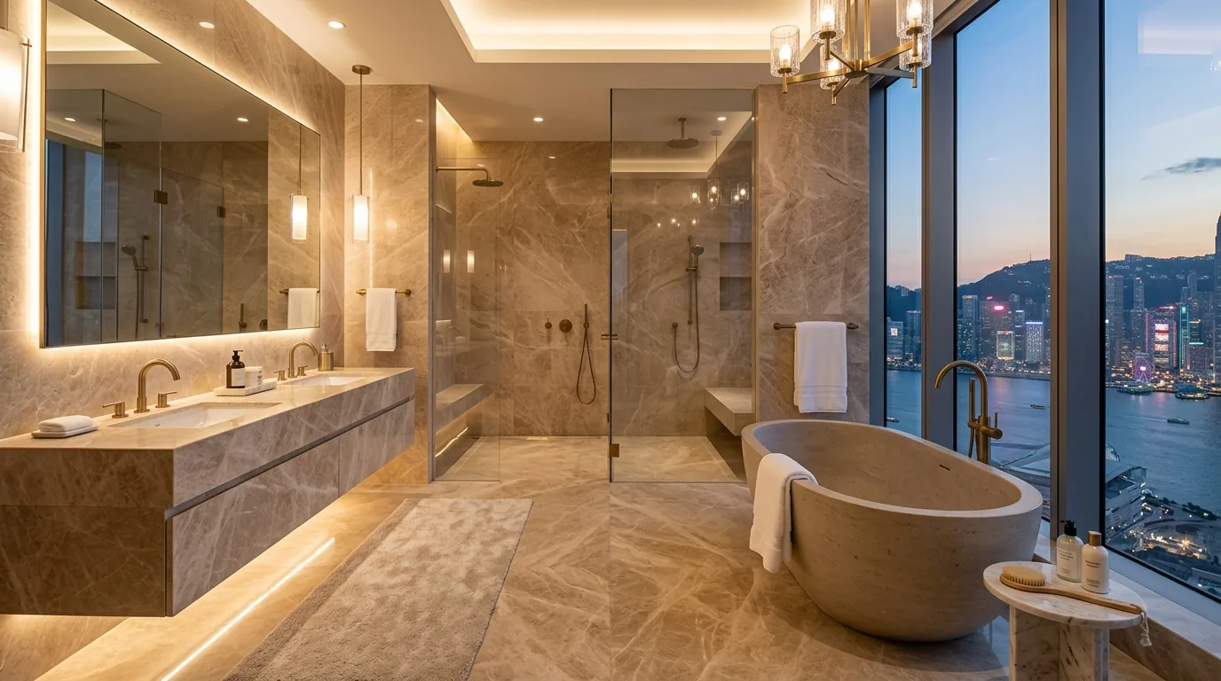 Ultra-luxury penthouse master bathroom clad in warm polished Tavera beige marble