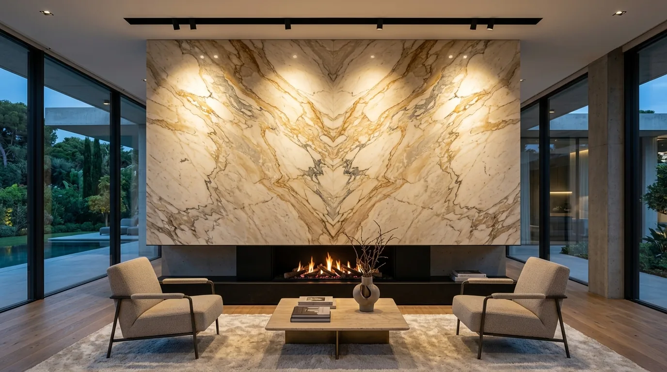 Polished book-matched Tavera marble feature wall in luxury salon