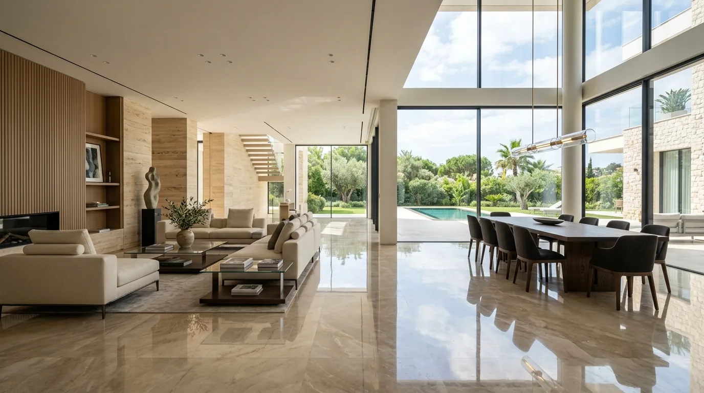Luxury modern villa living room featuring polished Tavera beige marble flooring