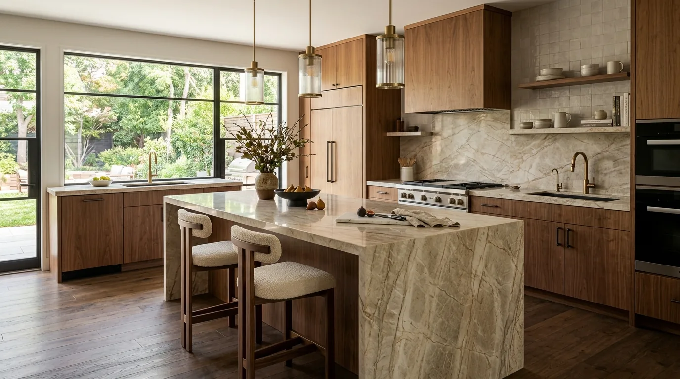 Modern kitchen with waterfall island countertop crafted in polished Tavera marble