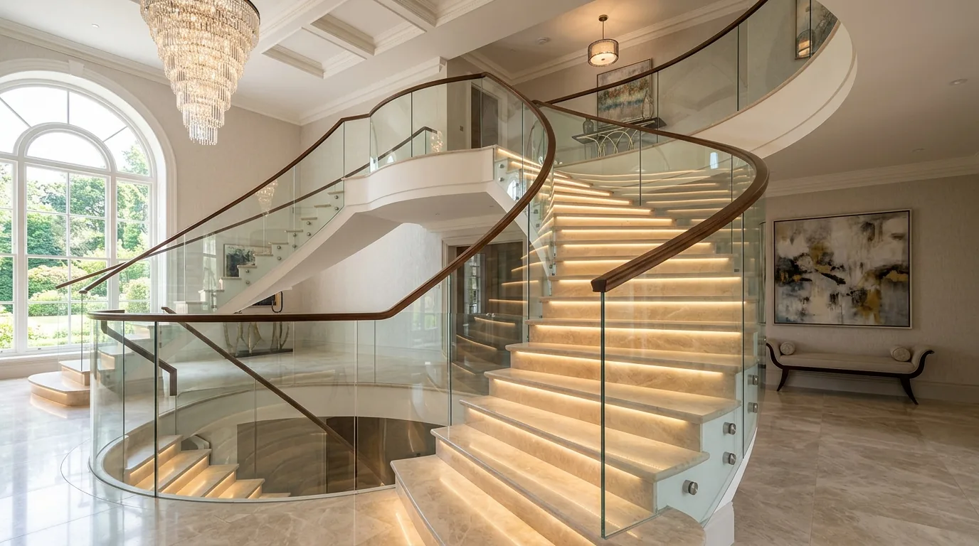 Luxury curved staircase featuring Tavera marble bullnose steps and warm LED lighting
