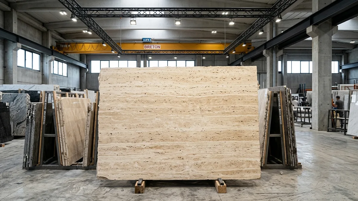 Polished travertine marble slab showing beige base with natural pitting and linear veining